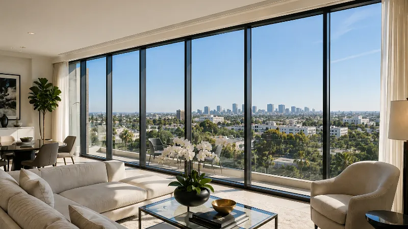 Floor-to-ceiling living room windows with solar film holding back afternoon glare over the city skyline.